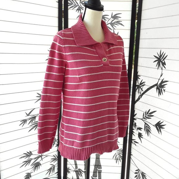 Liz Claiborne Pink White Striped Ribbed Knit Collared Sweater Size M - Picture 2 of 10
